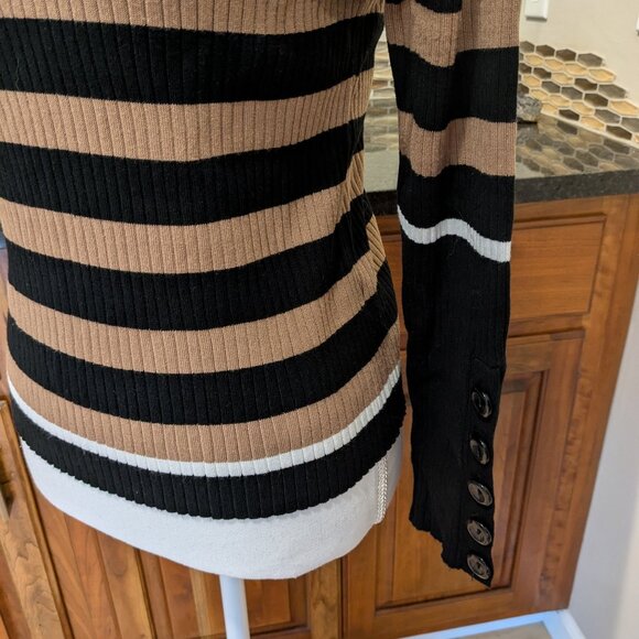 T Tahari LP Petite Mock Neck Ribbed Knit Sweater Black Tan Stripe Button Cuff - Picture 2 of 5